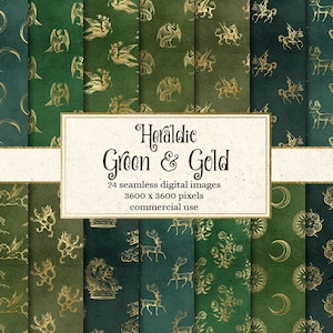 Heraldic Green and Gold Digital Paper, seamless patterns, medieval backgrounds, fantasy printable scrapbook paper, heraldry and sigils