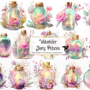 Könnte beinhalten: Aquarell-Illustrationen von Feen-Trankflaschen mit Blumen, Sternen und Glitzer im Inneren. Die Flaschen haben goldene Deckel und sind von Grün umgeben. Der Text "Watercolor Fairy Potions" ist in einer dekorativen Schrift geschrieben.