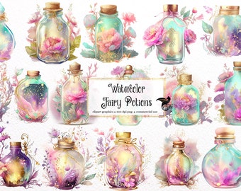 Watercolor Fairy Potions Clipart - pastel watercolor fantasy rainbow magic potion bottles in PNG format instant download for commercial use