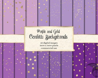 May include: A set of 20 digital backgrounds featuring purple and gold confetti. The backgrounds are 3600 x 3600 pixels and are for commercial use.