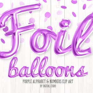 Purple Foil Balloon Script Alphabet Clip Art - gráficos digitais de download instantâneo em formato PNG para uso comercial em designs de festas de comemoração