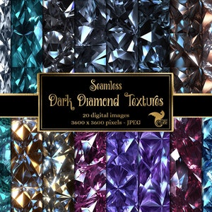 Könnte beinhalten: Eine Sammlung von 20 nahtlosen dunklen Diamanttexturen. Jedes Bild ist 3600 x 3600 Pixel groß und zeigt eine andere Farbe und ein anderes Muster von dunklen Diamanten.