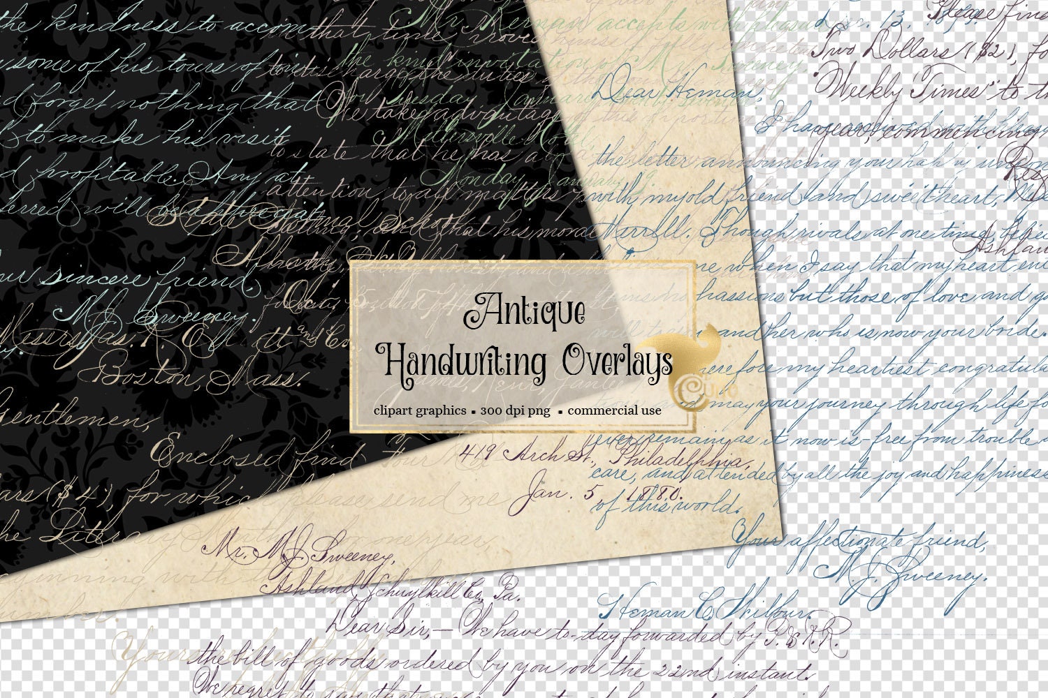 Antique Handwriting Overlays, Digital Vintage Letters PNG overlay clipart for junk journals decoupage digital scrapbooking