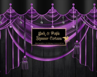 Black and Purple Shimmer Curtains Clipart, digital curtain backdrop clip art graphics, stage curtains, theater drapes, curtain png overlays