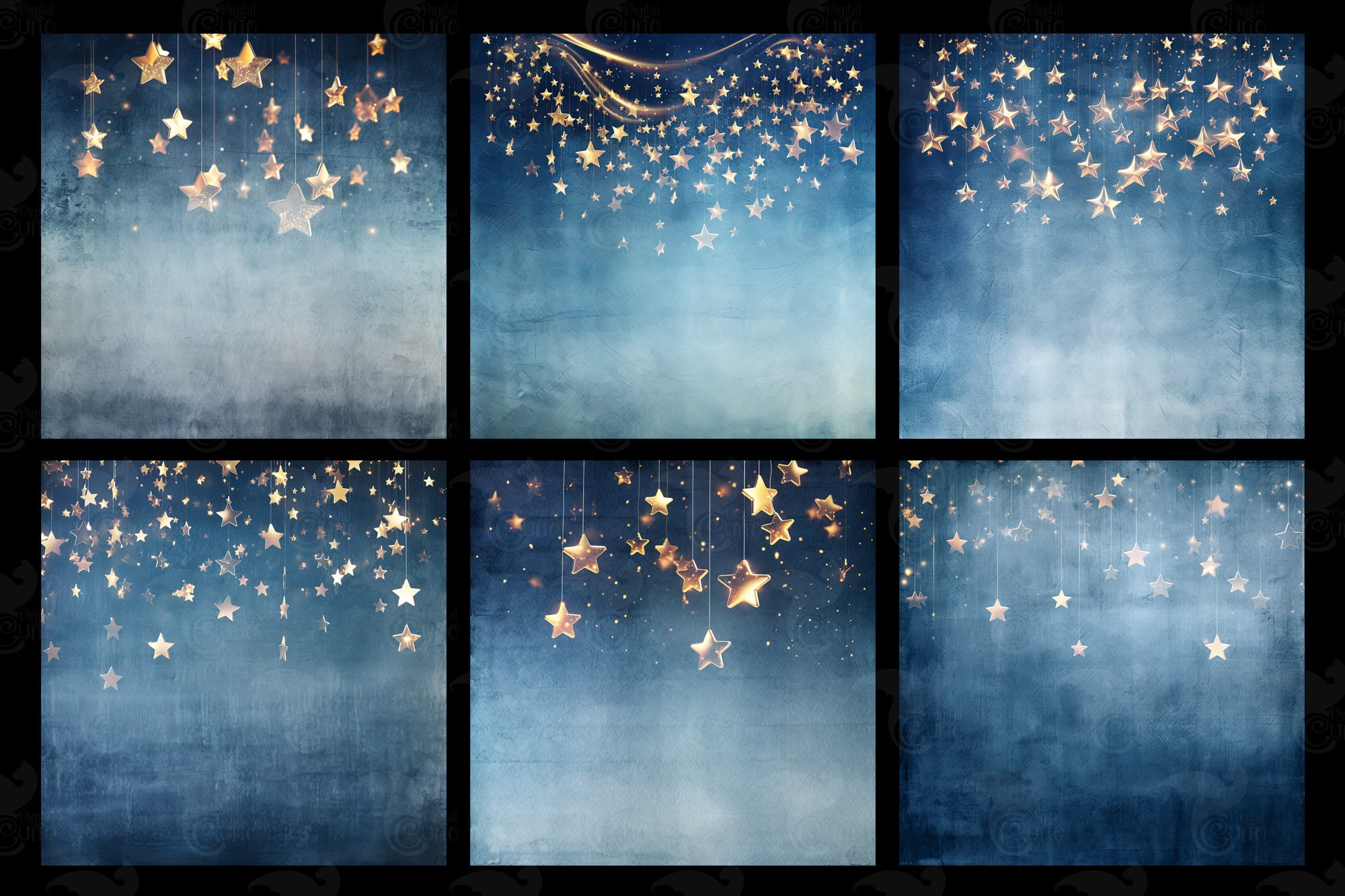 Blue Grunge Stars Digital Paper, Golden Starry Night Texture (digital ...