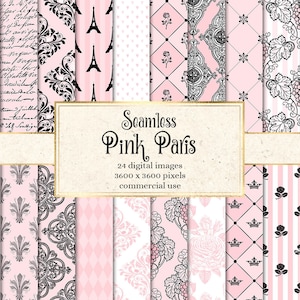 Pink Paris Digital Paper, nahtlose französische französische Muster mit Eiffeltürmen und Fleur de Lis druckbares Scrapbookpapier für kommerzielle Nutzung