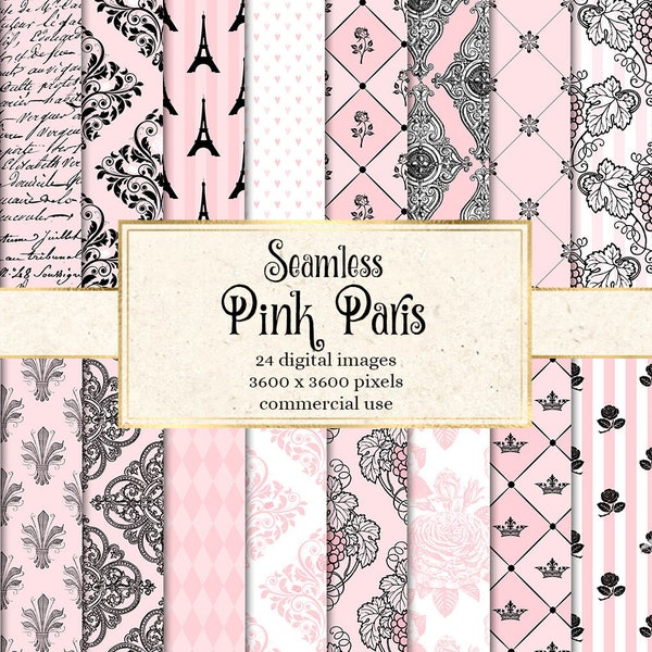 Pink Paris Digital Paper, seamless pink French patterns, with Eiffel towers and fleur de lis printable scrapbook paper for commercial use