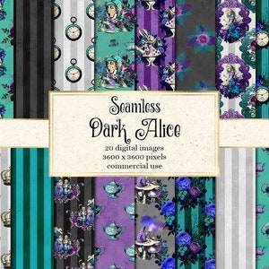 Dark Alice Digital Paper, vintage Alice's Adventures in Wonderland modèles sans couture en papier scrapbook imprimable violet et bleu sarcelle