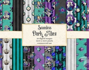 Dark Alice in Wonderland Digital Paper, Purple Teal Seamless Patterns (Digital Download)
