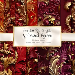 May include: A set of 20 digital seamless patterns featuring red and gold embossed rococo designs. Each pattern is 3600 x 3600 pixels and in JPEG format.