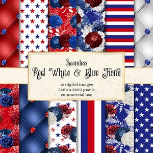 Rotes weißes und blaues Blumen Digitales Papier, nahtlose patriotische Blumenmuster für Fourth of Juli druckbares scrapbook Papier kommerzielle Nutzung