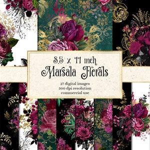Marsala Floral Printable Digital Paper - téléchargement immédiat format de papier standard rose fleur imprime avec des fleurs vintage à usage commercial