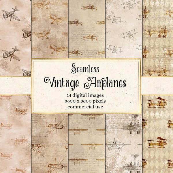 Vintage Airplane Digital Paper - seamless antique planes and aircraft aviation patterns on old paper textures for commercial use