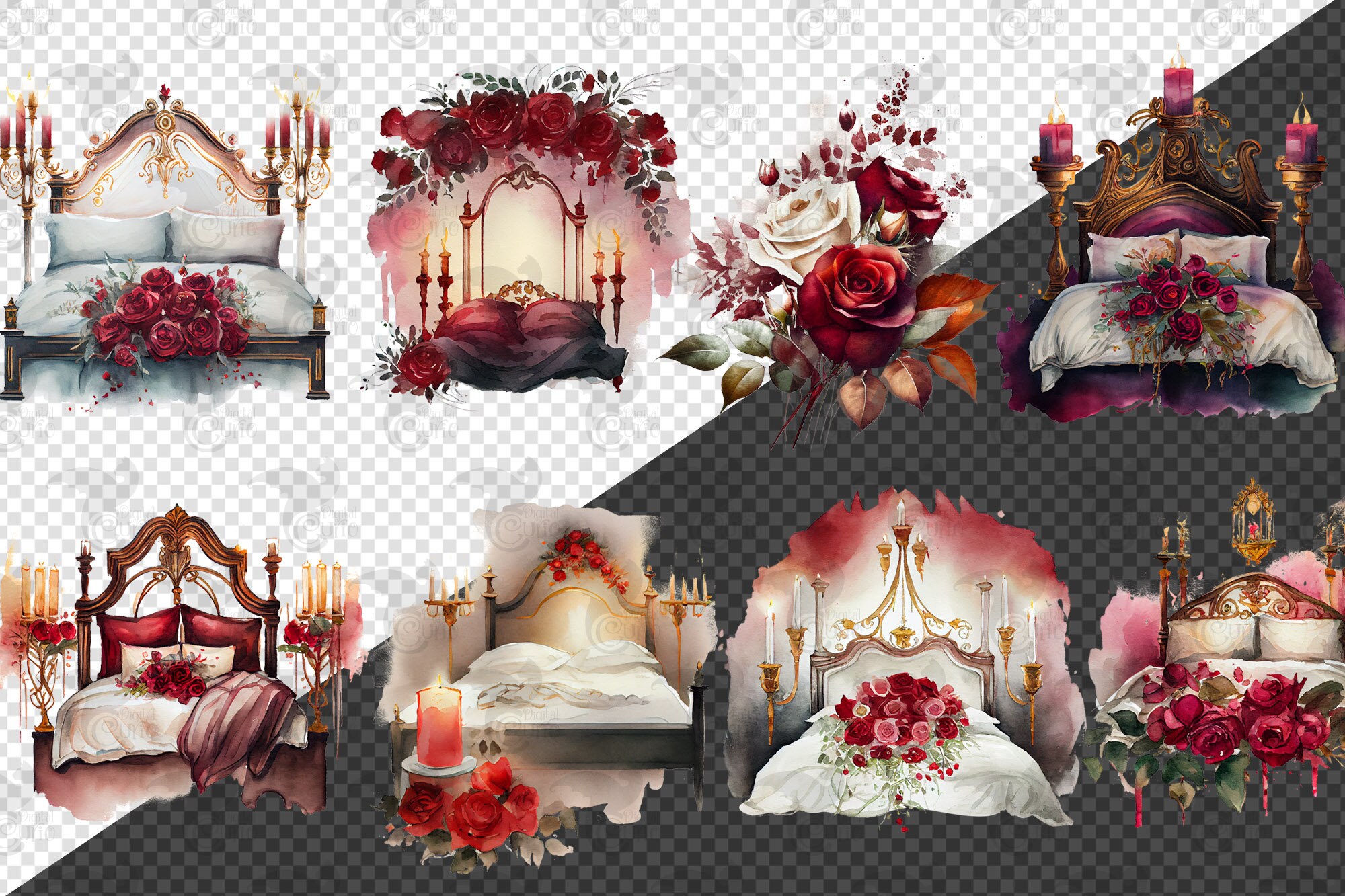 Watercolor Romantic Rose Beds Clipart - Valentine Fantasy PNG Format ...
