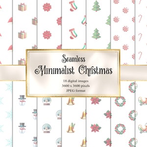 Minimalist Christmas Digital Paper, seamless patterns Holiday cute Santa and snowman printable paper instant download for commercial use