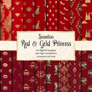 Red and Gold Princess Digital Paper, seamless princess patterns and printable scrapbook paper backgrounds instant download commercial use
