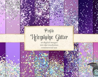 Purple Holographic Glitter Digital Paper, afdrukbaar plakboekpapier met holo iriserende texturen direct te downloaden voor commercieel gebruik