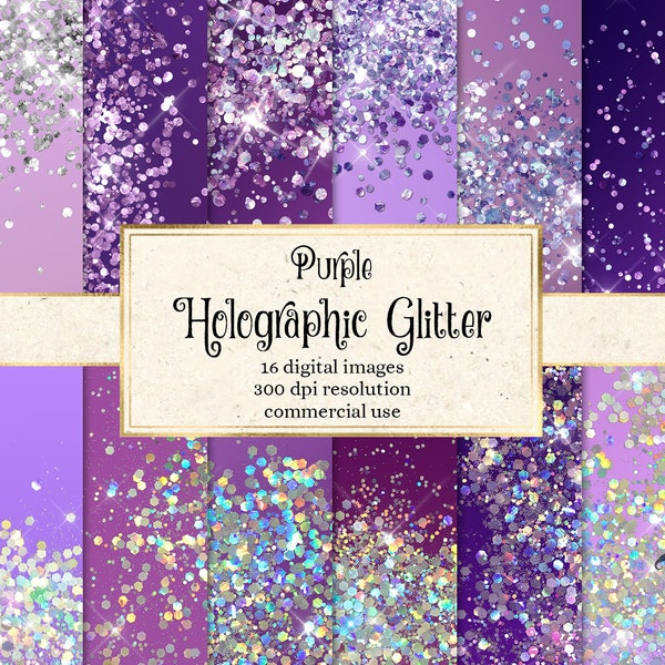 Purple Holographic Glitter Digital Paper, papier de scrapbooking imprimable avec téléchargement instantané de textures irisées holo pour un usage commercial