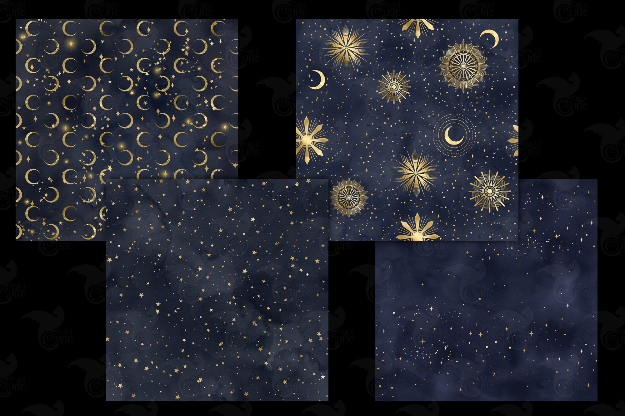 Celestial Starry Night Digital Paper – Navy Blue & Gold (seamless ...