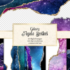 Galaxy Agate Glitter Borders, Watercolor PNG Overlays (Digital Download)