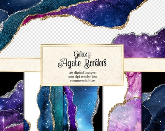 Galaxy Agate Borders, digital watercolor geode PNG overlays with glitter for commercial use in wedding invitation or web design