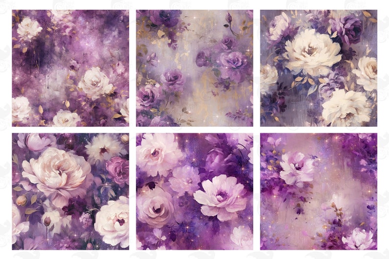 Fantasy Lila Blumen Digitales Papier, nahtlose Blumen druckbare Ölfarbe Texturen druckbares Scrapbook Papier Bild 4