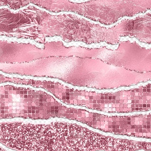 May include: Pink glitter, foil, and sequin textures in a layered, torn paper design. The textures are arranged in horizontal stripes.