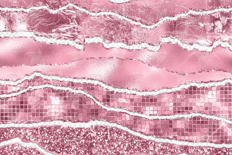 May include: Pink glitter, foil, and sequin textures in a layered, torn paper design. The textures are arranged in horizontal stripes.