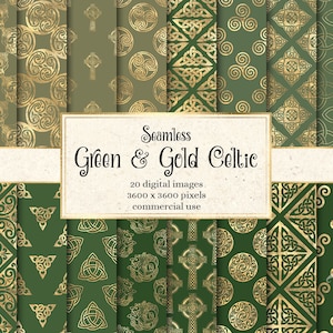 Grün und Gold Keltisches Digitales Papier, nahtlose keltische Knotenmuster mit Goldfolie sofortiger Download für kommerzielle Nutzung