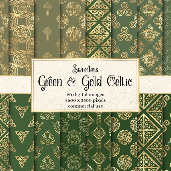 Green and Gold Celtic Digital Paper, seamless celtic knot patterns with gold foil instant download for commercial use