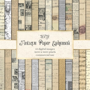 Antikes Papier Ephemera, 12x12 digitales Papier Vintage Texturen mit alten Zeitungen antikes Handschrift Enzyklopädie druckbares Scrapbook Papier
