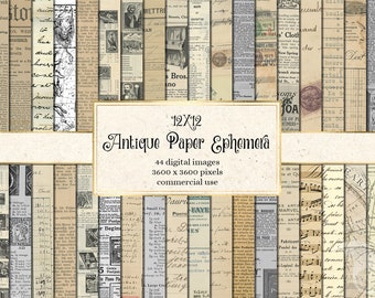 Antique Paper Ephemera, 12x12 digital paper vintage textures with old newspapers antique handwriting encyclopedia printable scrapbook paper
