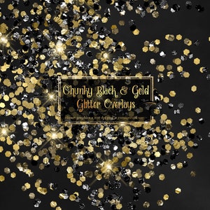 Chunky Black and Gold Glitter Overlays, digital glitter png overlays, clip art glitter confetti instant download