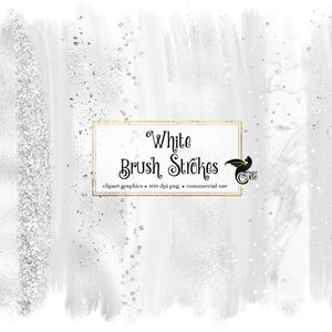 Op de afbeelding: Witte penseelstreken met zilveren glitter op een witte achtergrond. De tekst "White Brush Strokes" staat in een gouden frame met een zwart-wit logo.