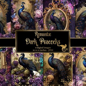 Romantic Dark Peacock Journal Paper, carnet de notes papier numérique rococo fantasy junk journal pages imprimables 8.5x11 papier téléchargement instantané