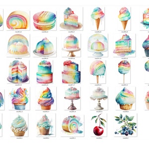 May include: A collection of watercolor illustrations of rainbow-themed desserts, including cupcakes, cakes, ice cream cones, and candy. The illustrations are painted in a whimsical style with vibrant colors.