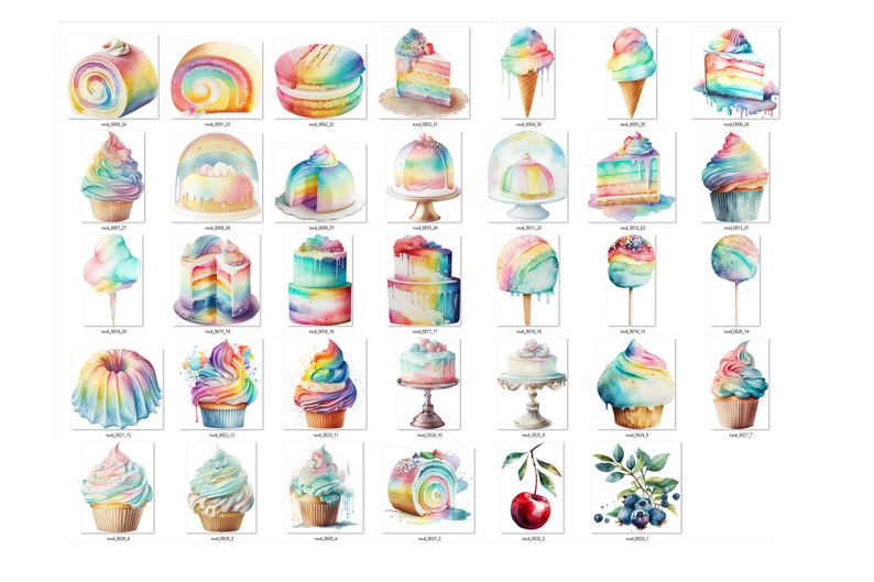 May include: A collection of watercolor illustrations of rainbow-themed desserts, including cupcakes, cakes, ice cream cones, and candy. The illustrations are painted in a whimsical style with vibrant colors.