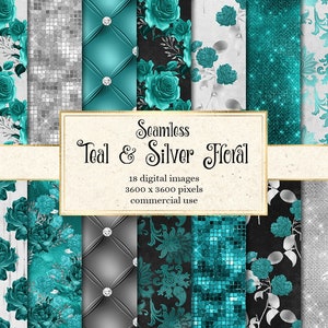 Teal and Silver Floral digital paper, seamless turquoise rose printable scrapbook paper, rustic flower backgrounds and patterns