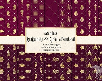 May include: A set of 18 digital seamless patterns featuring nautical themes in gold and burgundy. The patterns include anchors, seashells, starfish, seahorses, jellyfish, crabs, and more.