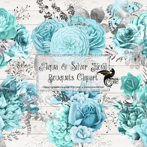 Aqua e Silver Floral Clip Art, download digital instantâneo pintado com enfeites de flores em aquarela png, rosas turquesas e prateadas com glitter