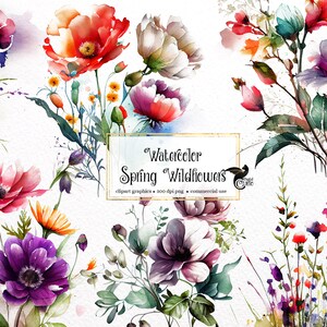 Watercolor Spring Wildflowers Clipart - floral PNG format instant download for commercial use