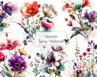 Watercolor Spring Wildflowers Clipart - floral PNG format instant download for commercial use