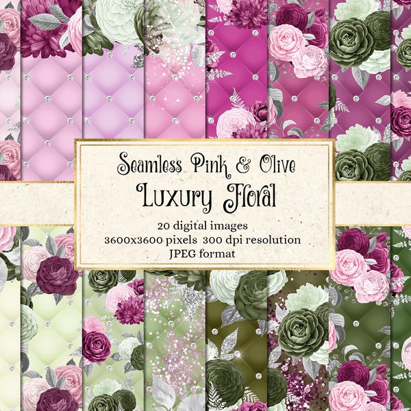 Pink and Olive Floral Digital Paper - seamless tufted diamond backgrounds instant download for commercial use