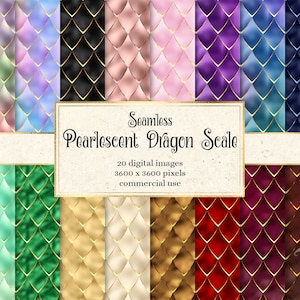 Pearlescent Dragon Scale Digital paper, seamless scale patterns in gold and rainbow mermaid scale colors instant download for commercial use