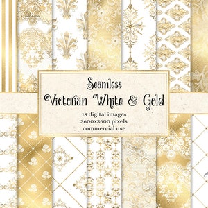 Victorian White and Gold Digital Paper, ornate seamless patterns with damask ornaments and printable gold foil for commercial use