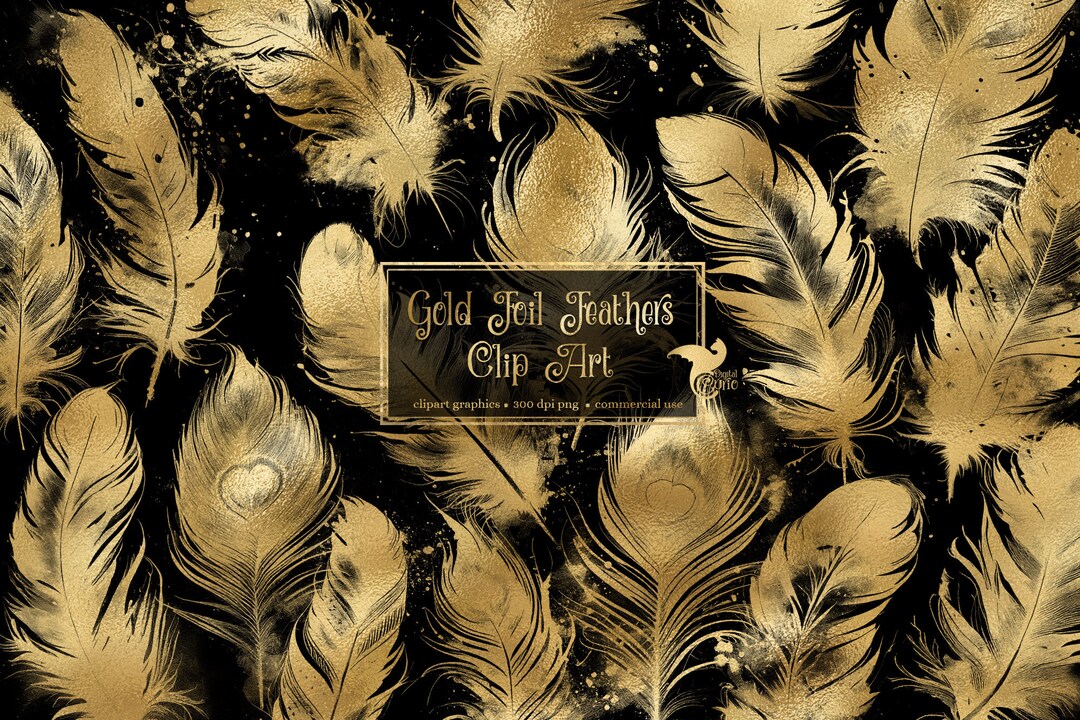 Gold Foil Feathers Clipart, Digital Feather Clipart Illustrations, PNG