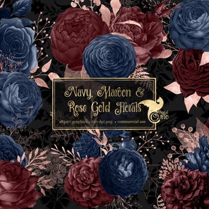 Navy Maroon und Rose Gold Floral Clipart, rustikale Hochzeitssträuße und botanische Elemente im PNG-Format sofortiger Download für die kommerzielle Nutzung