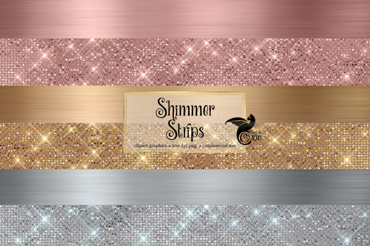 Shimmer Strips Clipart - Rose Gold, Gold and Silver Diamond and Brushed Metal Borders, glitter glam sparkle png graphics and textures