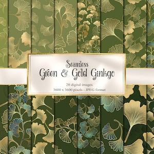 Papel digital Ginkgo verde e dourado, padrões de folhas perfeitas com download instantâneo em folha de ouro para uso comercial