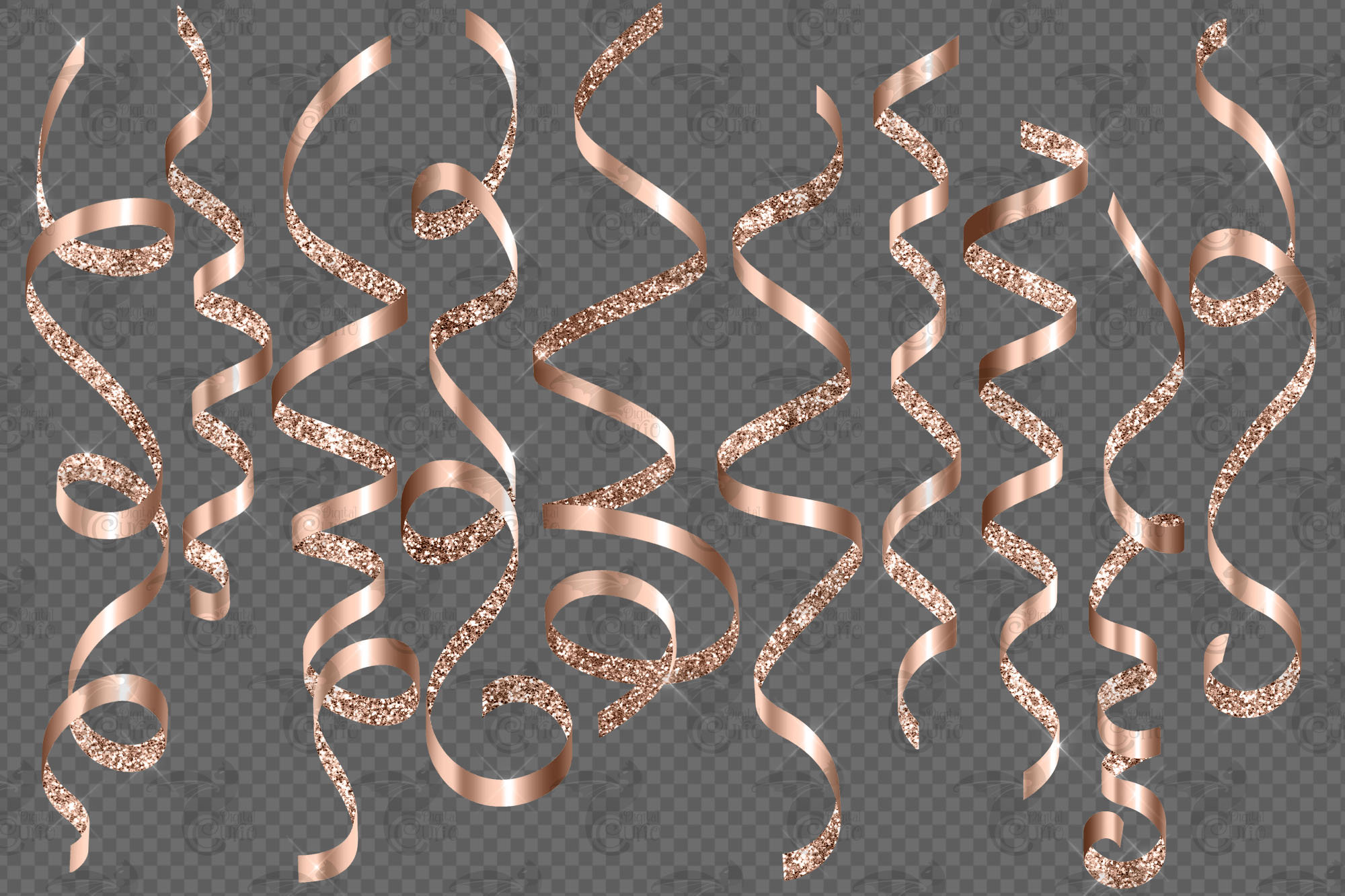 May include: A collection of rose gold curling ribbons with glitter accents. The ribbons are in various shapes and sizes, perfect for party decorations, scrapbooking, or other craft projects. The ribbons are set against a transparent background.
